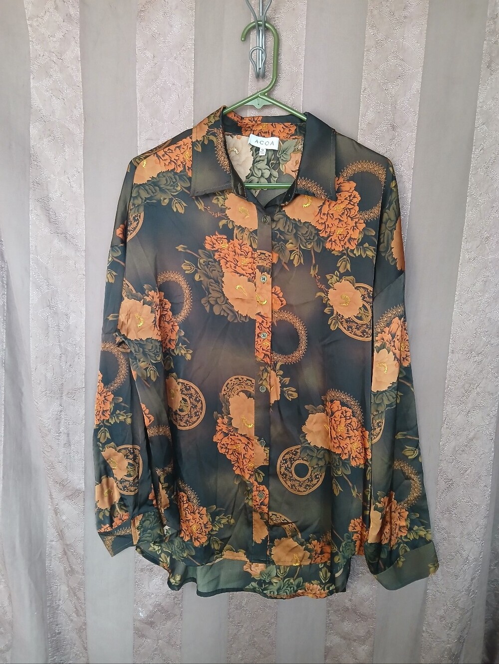 💎 ACOA Byckle Women's Top Floral Satin Blouse Olive Gold
